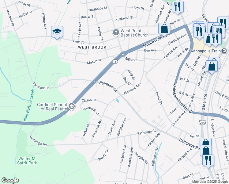 map of restaurants, bars, coffee shops, grocery stores, and more near 1009 Rainbow Drive in Kannapolis
