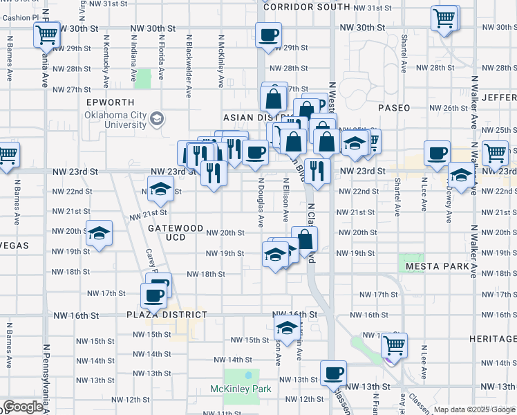 map of restaurants, bars, coffee shops, grocery stores, and more near 2201 North Douglas Avenue in Oklahoma City
