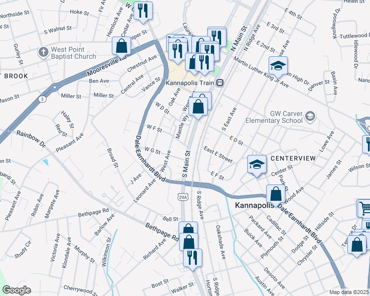 map of restaurants, bars, coffee shops, grocery stores, and more near 420 South Main Street in Kannapolis