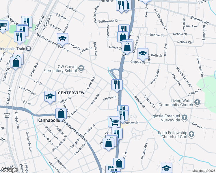 map of restaurants, bars, coffee shops, grocery stores, and more near 125 James Street in Kannapolis