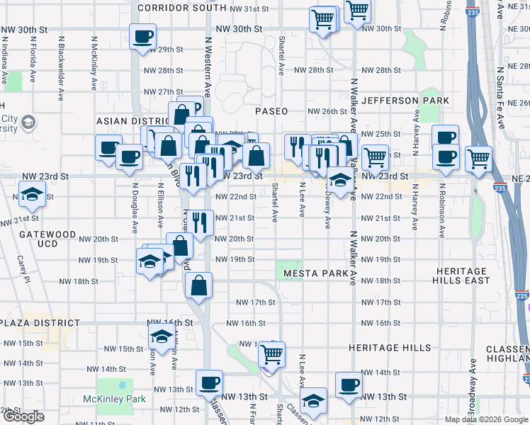 map of restaurants, bars, coffee shops, grocery stores, and more near 825 Northwest 21st Street in Oklahoma City