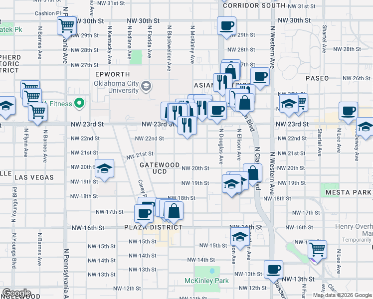 map of restaurants, bars, coffee shops, grocery stores, and more near 1604 Northwest 22nd Street in Oklahoma City