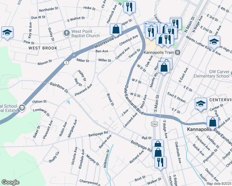 map of restaurants, bars, coffee shops, grocery stores, and more near 425 Gay Street in Kannapolis