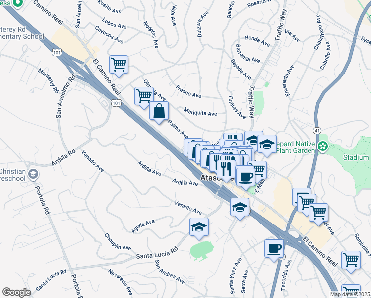 map of restaurants, bars, coffee shops, grocery stores, and more near 5425 El Camino Real in Atascadero