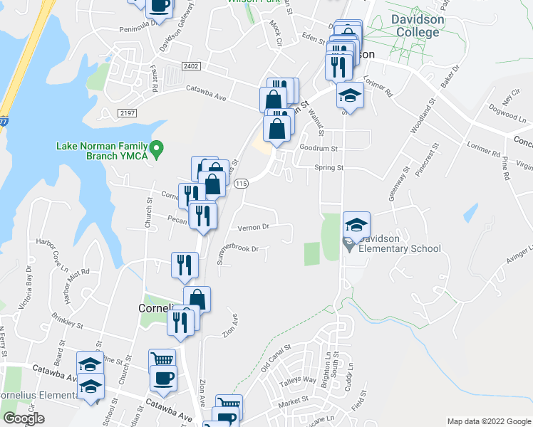 map of restaurants, bars, coffee shops, grocery stores, and more near 128 Meadowbrook Lane in Davidson