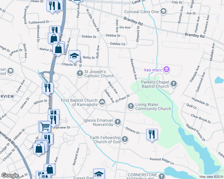 map of restaurants, bars, coffee shops, grocery stores, and more near 125 Waco Avenue in Kannapolis