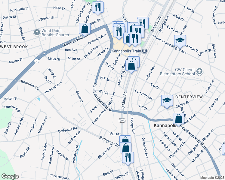 map of restaurants, bars, coffee shops, grocery stores, and more near 428 West Avenue in Kannapolis