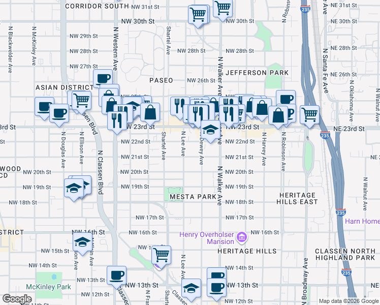 map of restaurants, bars, coffee shops, grocery stores, and more near 629 Northwest 21st Street in Oklahoma City