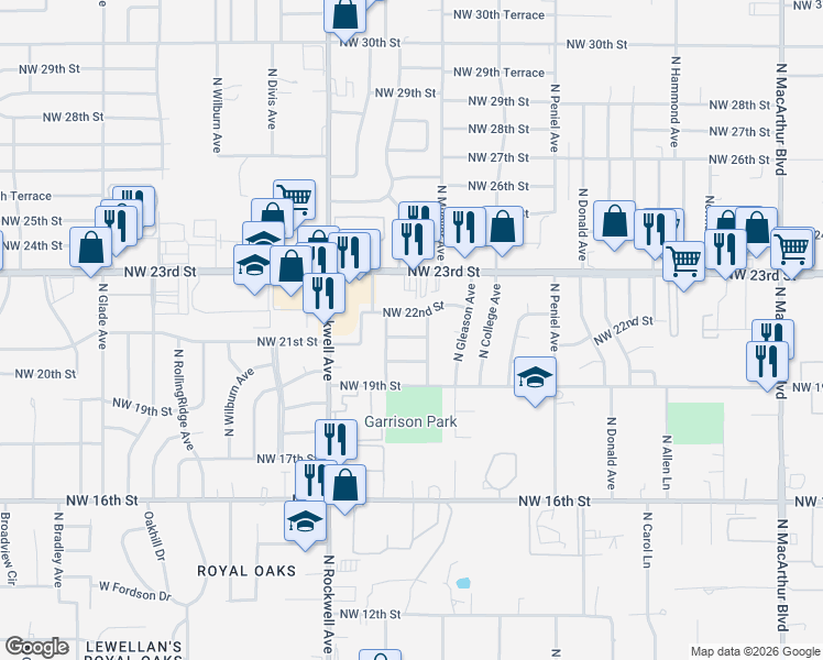 map of restaurants, bars, coffee shops, grocery stores, and more near 6809 Northwest 21st Street in Bethany
