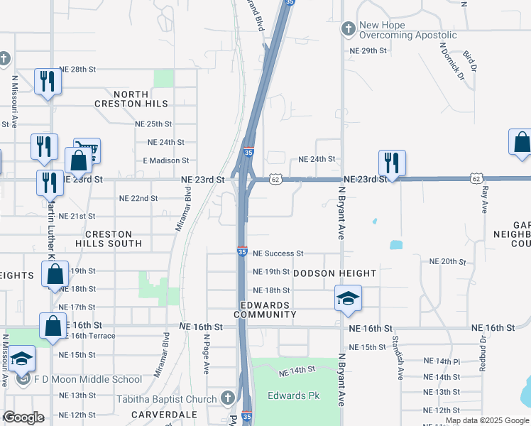 map of restaurants, bars, coffee shops, grocery stores, and more near 2625 Northeast 21st Street in Oklahoma City