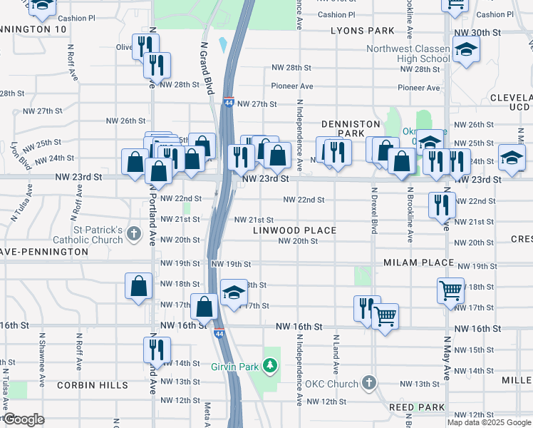 map of restaurants, bars, coffee shops, grocery stores, and more near 3341 Northwest 21st Street in Oklahoma City