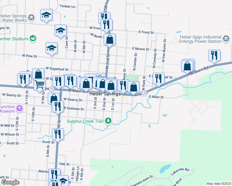 map of restaurants, bars, coffee shops, grocery stores, and more near 120 East Main Street in Heber Springs