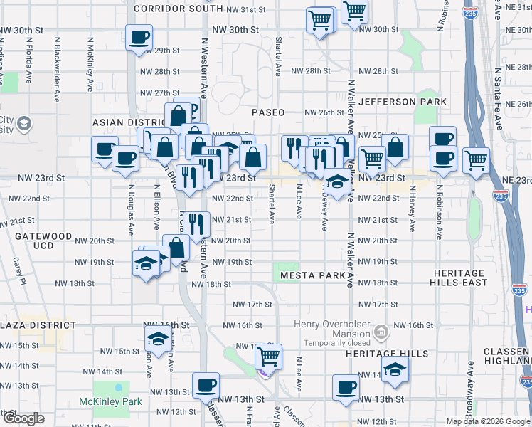 map of restaurants, bars, coffee shops, grocery stores, and more near 731 Northwest 21st Street in Oklahoma City