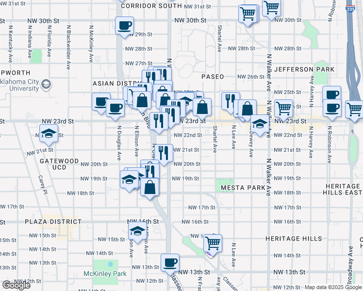 map of restaurants, bars, coffee shops, grocery stores, and more near 931 Northwest 21st Street in Oklahoma City