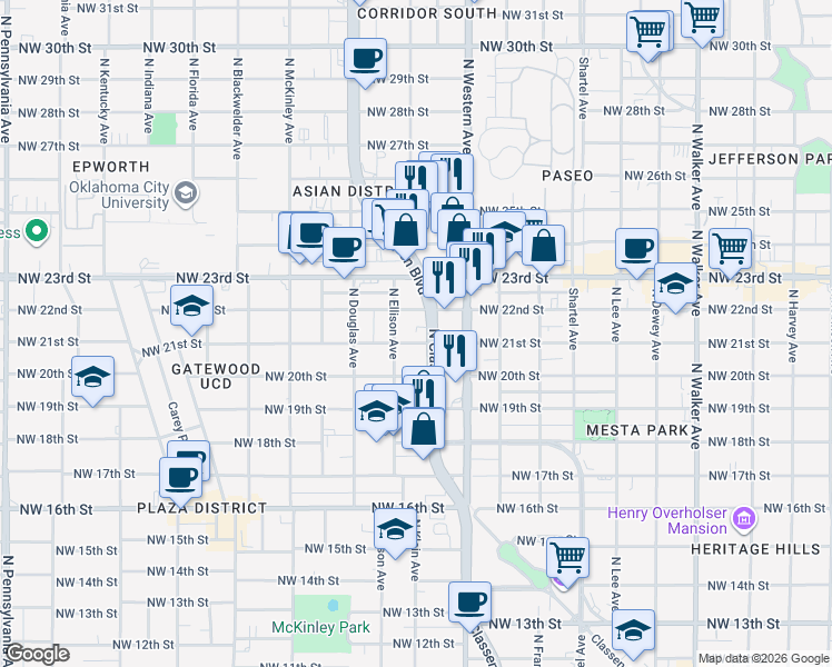 map of restaurants, bars, coffee shops, grocery stores, and more near 2201 North Classen Boulevard in Oklahoma City