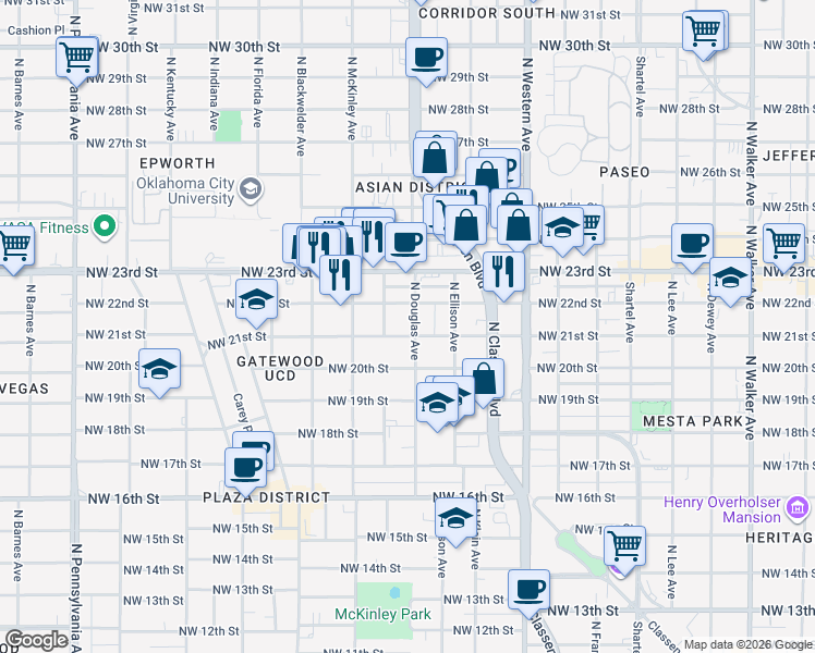 map of restaurants, bars, coffee shops, grocery stores, and more near 2201 North Douglas Avenue in Oklahoma City