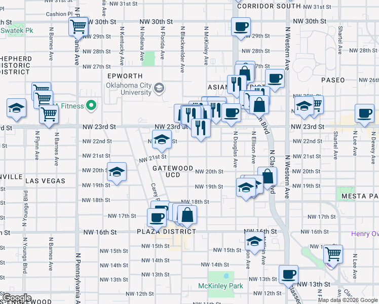 map of restaurants, bars, coffee shops, grocery stores, and more near 1604 Northwest 22nd Street in Oklahoma City