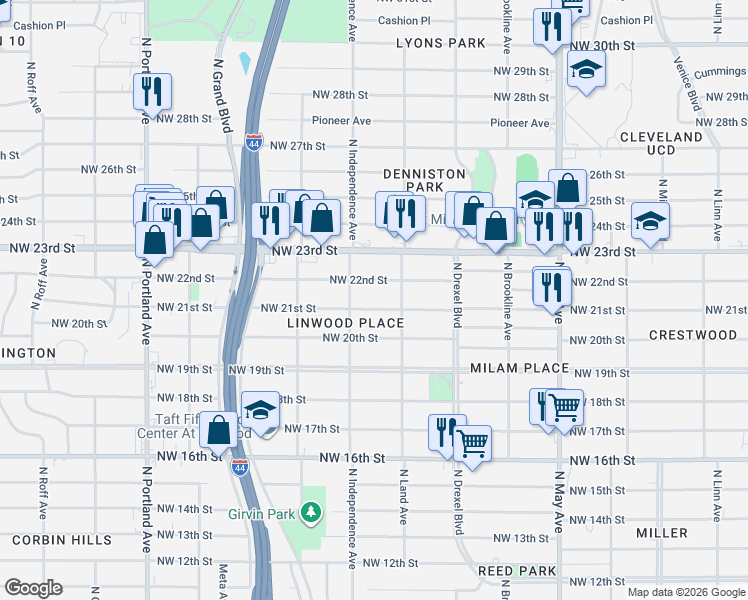 map of restaurants, bars, coffee shops, grocery stores, and more near 3221 Northwest 21st Street in Oklahoma City