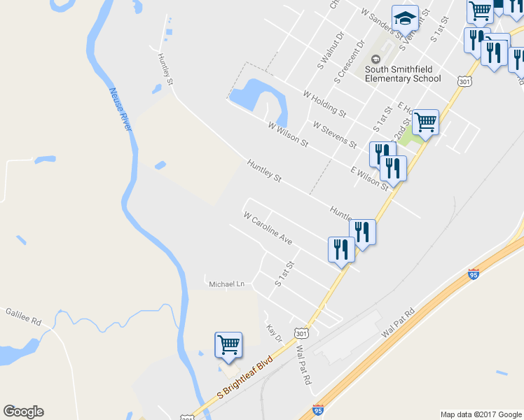 map of restaurants, bars, coffee shops, grocery stores, and more near 207 W Underwood Ave in Smithfield