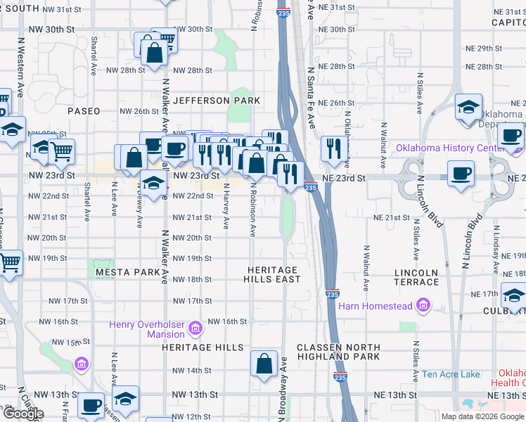 map of restaurants, bars, coffee shops, grocery stores, and more near 123 Northwest 21st Street in Oklahoma City
