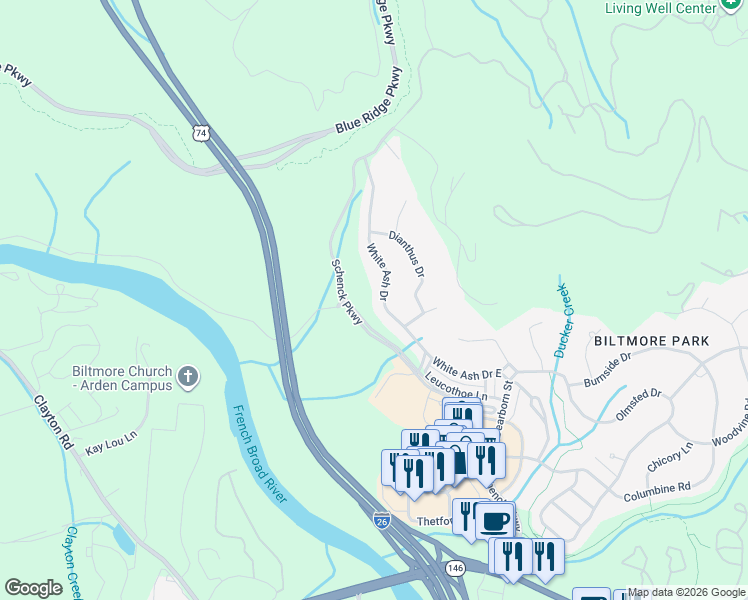 map of restaurants, bars, coffee shops, grocery stores, and more near 36 White Ash Drive in Asheville