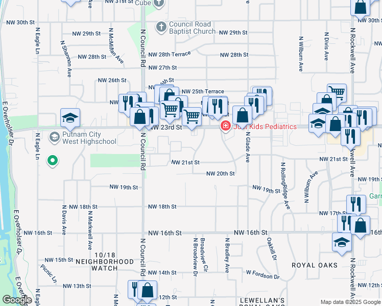 map of restaurants, bars, coffee shops, grocery stores, and more near 2305 North Thompkins Avenue in Bethany