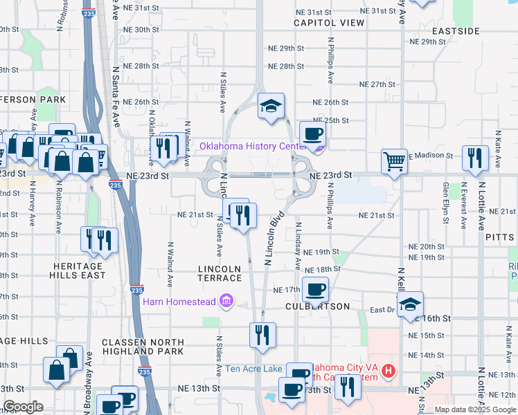 map of restaurants, bars, coffee shops, grocery stores, and more near 2300 North Lincoln Boulevard in Oklahoma City