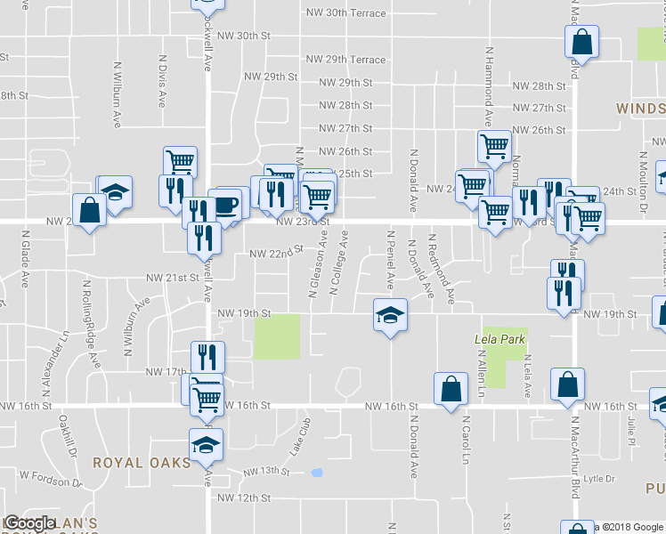 map of restaurants, bars, coffee shops, grocery stores, and more near 2201 North College Avenue in Bethany