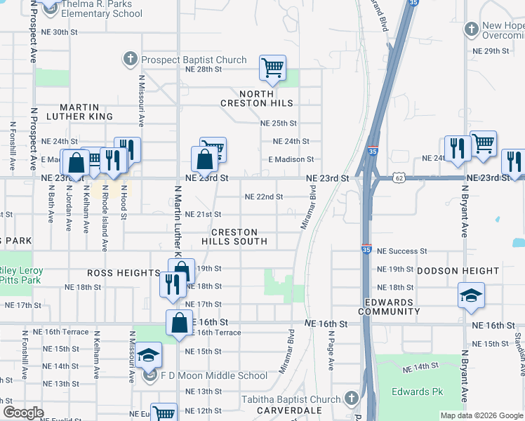 map of restaurants, bars, coffee shops, grocery stores, and more near 2229 Northeast 21st Street in Oklahoma City