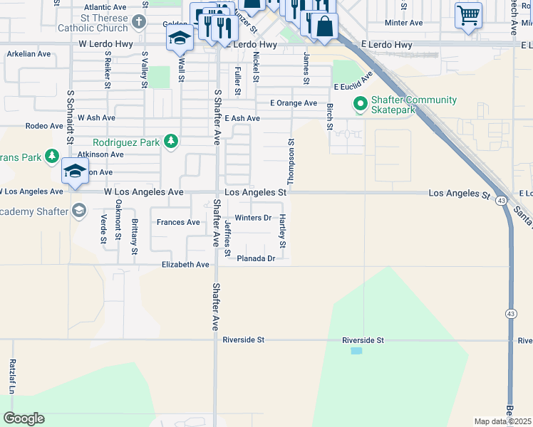 map of restaurants, bars, coffee shops, grocery stores, and more near 214 Winters Drive in Shafter