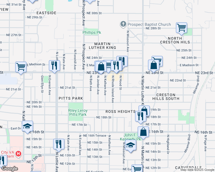 map of restaurants, bars, coffee shops, grocery stores, and more near 1703 Northeast 21st Street in Oklahoma City