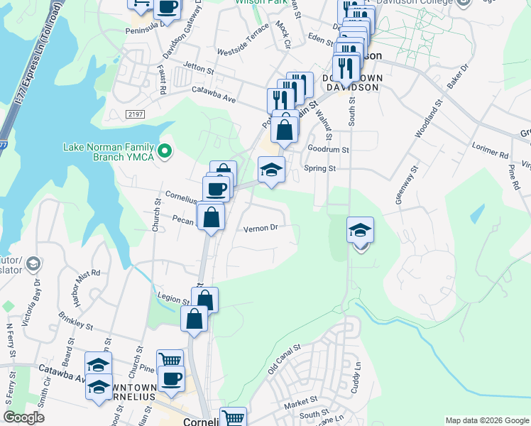 map of restaurants, bars, coffee shops, grocery stores, and more near 128 Meadowbrook Lane in Davidson