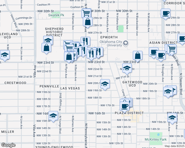 map of restaurants, bars, coffee shops, grocery stores, and more near 2033 Northwest 21st Street in Oklahoma City