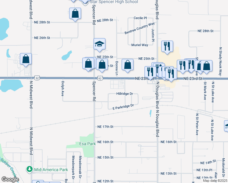 map of restaurants, bars, coffee shops, grocery stores, and more near 8621 Hillridge Drive in Oklahoma City