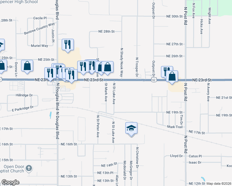 map of restaurants, bars, coffee shops, grocery stores, and more near 2201 North Saint Luke Avenue in Oklahoma City