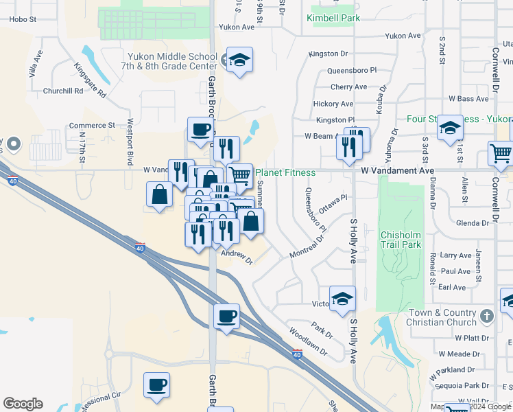 map of restaurants, bars, coffee shops, grocery stores, and more near 1111 Summerton Place in Yukon