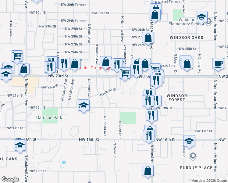 map of restaurants, bars, coffee shops, grocery stores, and more near 6204 Northwest 22nd Street in Bethany