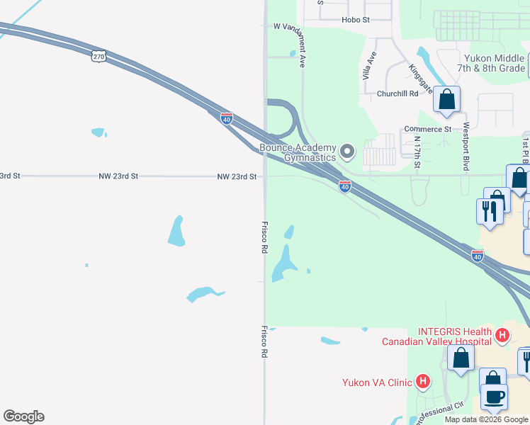 map of restaurants, bars, coffee shops, grocery stores, and more near North Frisco Road in Yukon
