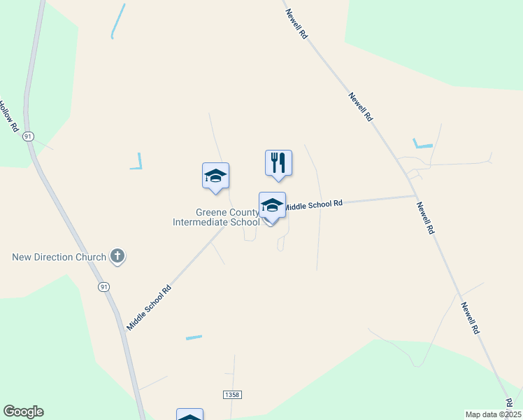 map of restaurants, bars, coffee shops, grocery stores, and more near Middle School Road in Greene County