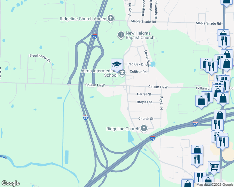 map of restaurants, bars, coffee shops, grocery stores, and more near 1306 Garrison Lane in Alma