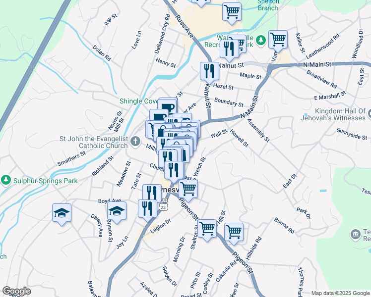 map of restaurants, bars, coffee shops, grocery stores, and more near 135 N Main St in Waynesville