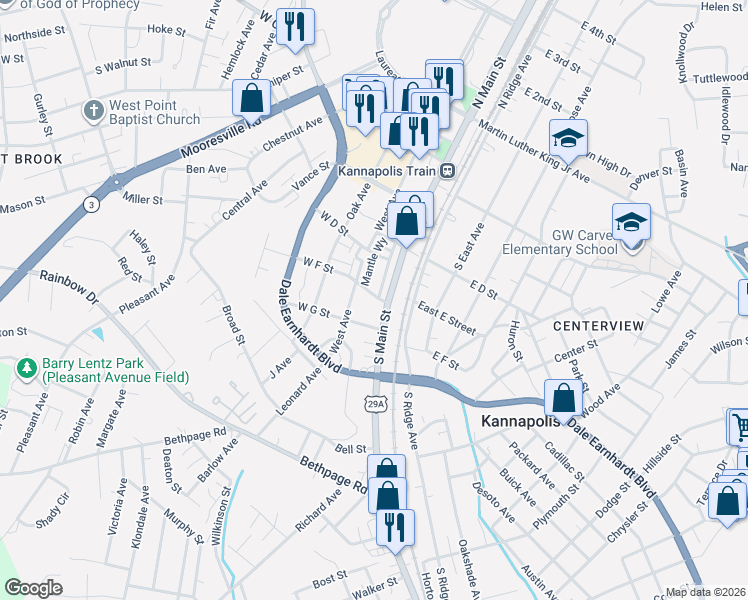 map of restaurants, bars, coffee shops, grocery stores, and more near 420 South Main Street in Kannapolis