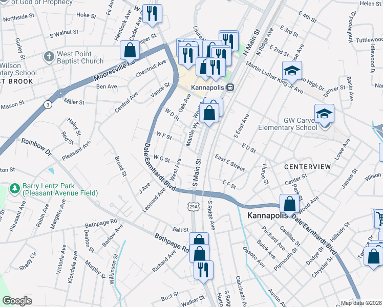 map of restaurants, bars, coffee shops, grocery stores, and more near 420 South Main Street in Kannapolis
