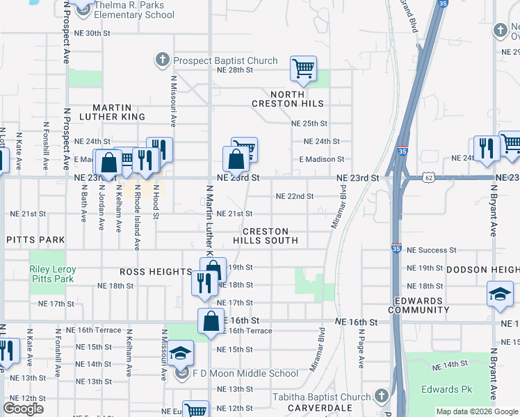 map of restaurants, bars, coffee shops, grocery stores, and more near 2133 Northeast 21st Street in Oklahoma City