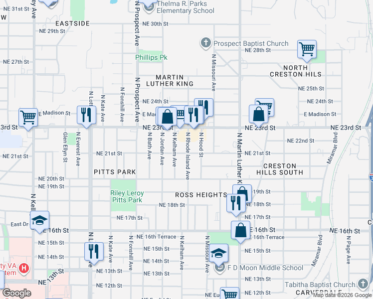 map of restaurants, bars, coffee shops, grocery stores, and more near 1703 Northeast 21st Street in Oklahoma City