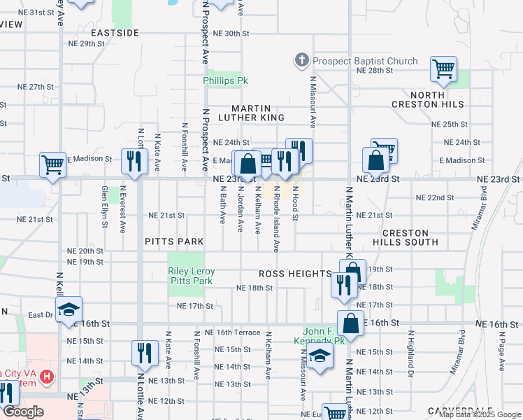 map of restaurants, bars, coffee shops, grocery stores, and more near 1703 Northeast 21st Street in Oklahoma City