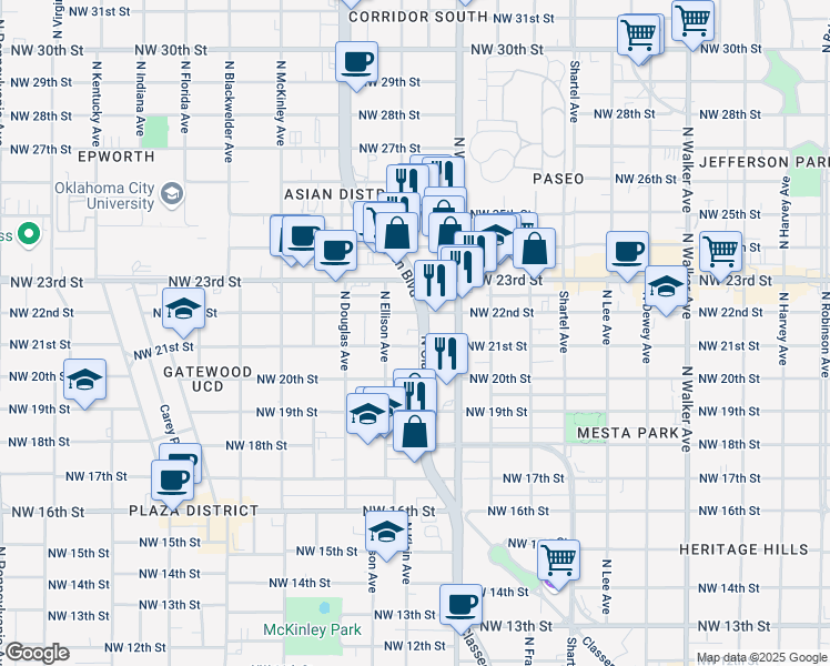map of restaurants, bars, coffee shops, grocery stores, and more near 2201 North Classen Boulevard in Oklahoma City