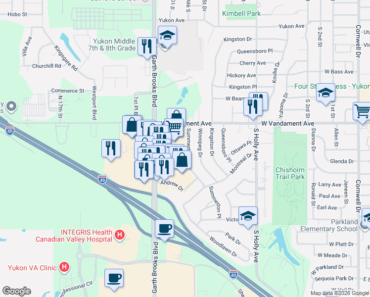 map of restaurants, bars, coffee shops, grocery stores, and more near 1111 Garth Brooks Boulevard in Yukon