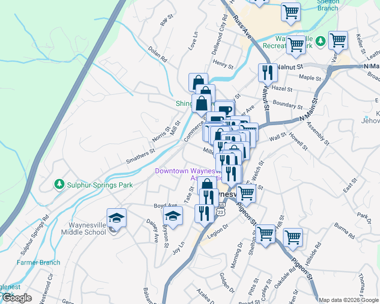 map of restaurants, bars, coffee shops, grocery stores, and more near 234 Church Street in Waynesville