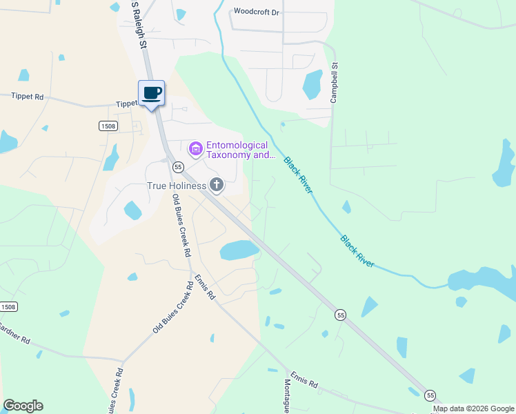 map of restaurants, bars, coffee shops, grocery stores, and more near 1-95 Eason Lane in Angier